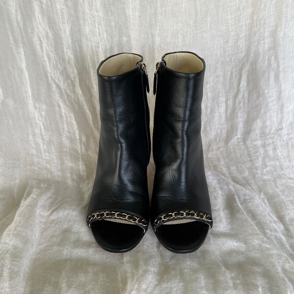 SOLD! CHANEL Black Lambskin Peep-Toe Booties Chain Trim CC Heel Sz 39 Italy Chic